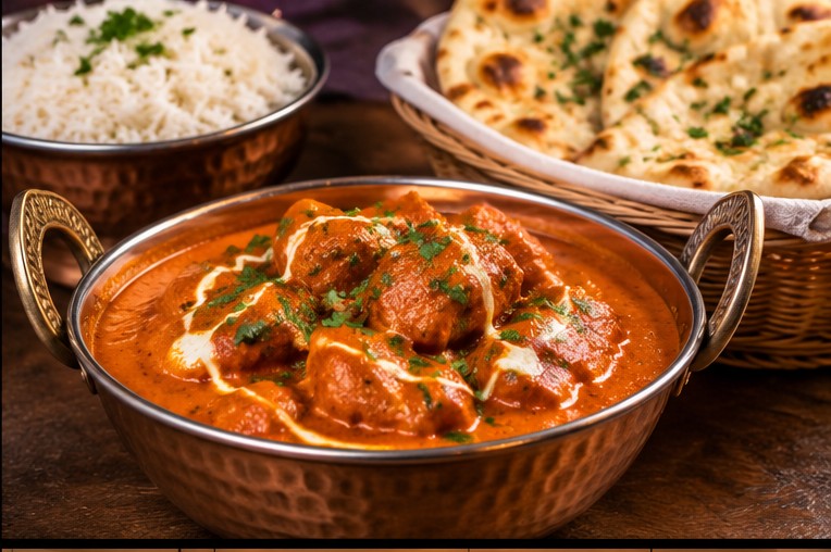 Creamy Indian curry with rice and naan